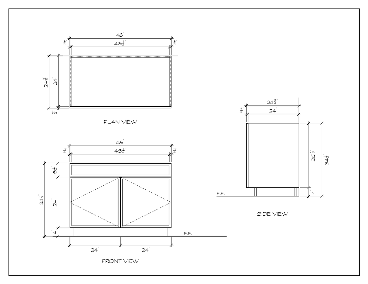48" Sink Base Cabinet, slim shaker, dimension drawing
