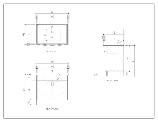 36" standing bathroom vanity, dimension drawing