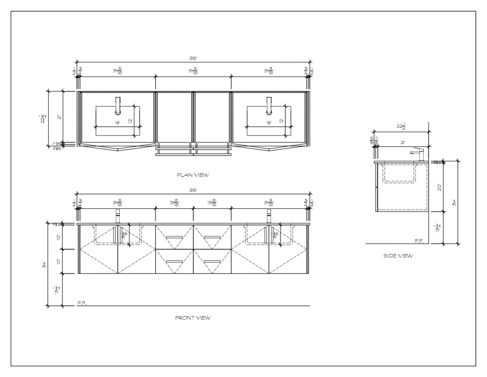 96" rift oak floating bathroom vanity 2D dimension drawing