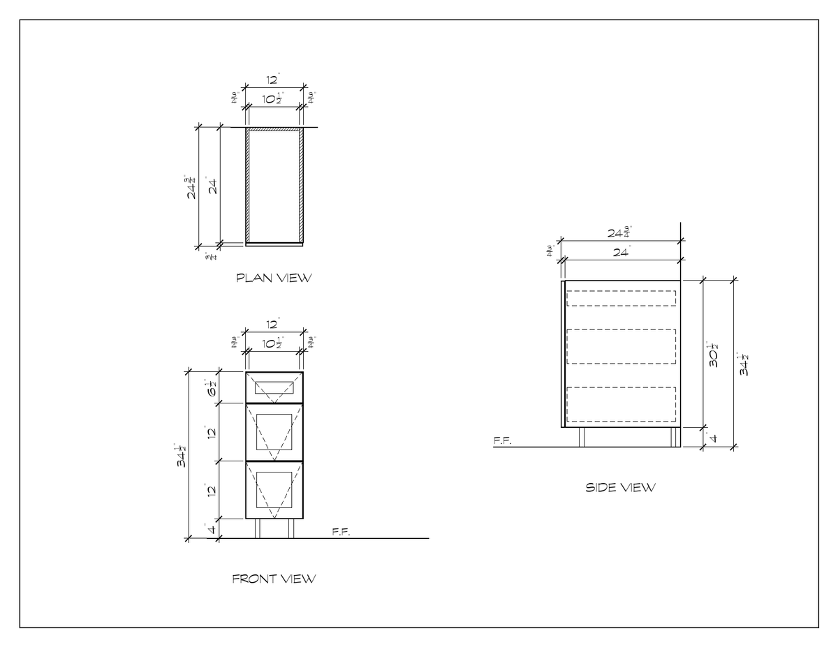 12" 3-Drawer Base Cabinet, double shaker, dimension drawing