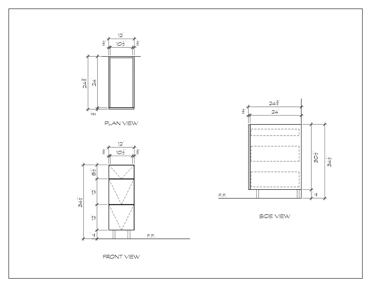 12" 3-Drawer Base Cabinet, flat slab, dimension drawing