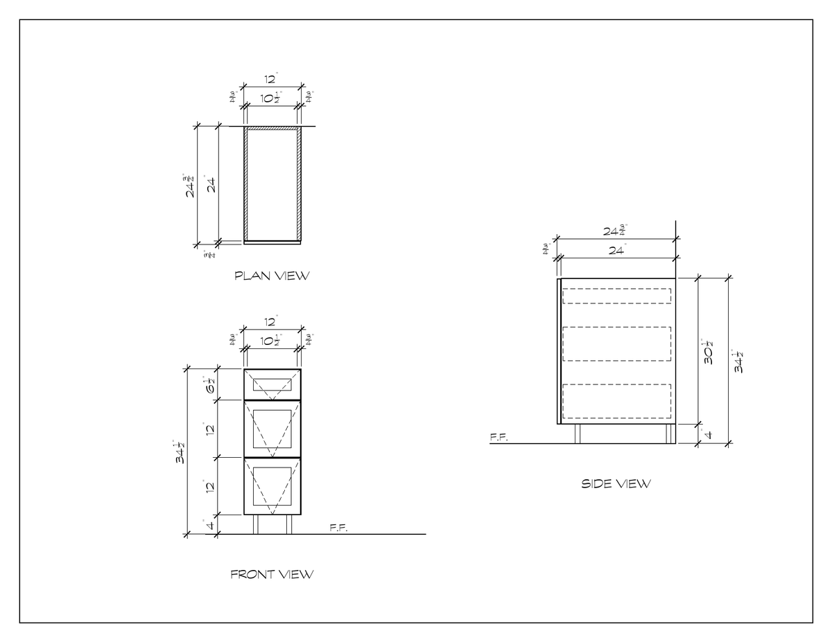 12" 3-Drawer Base Cabinet, sharp shaker, dimension drawing