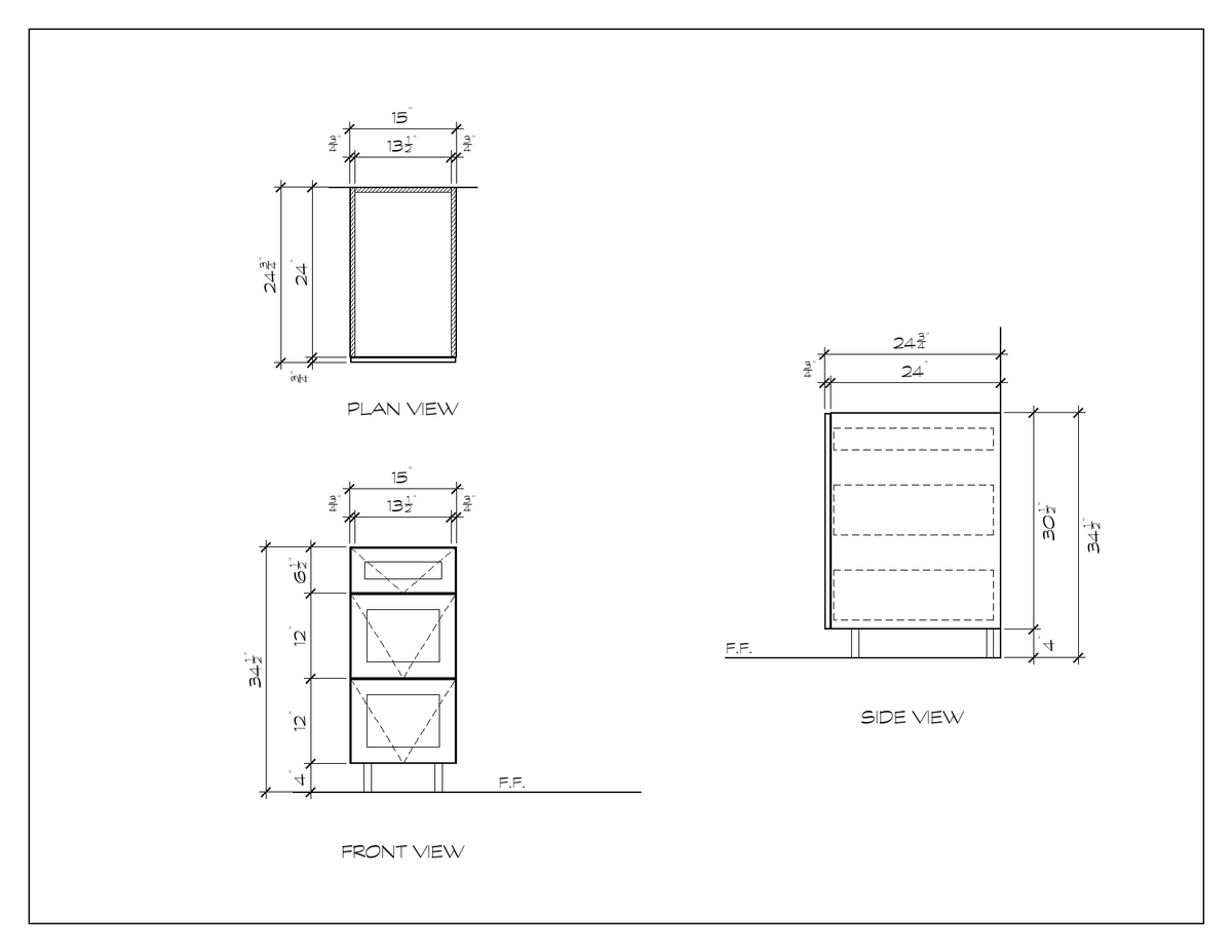 15" 3-Drawer Base Cabinet, shaker, dimension drawing