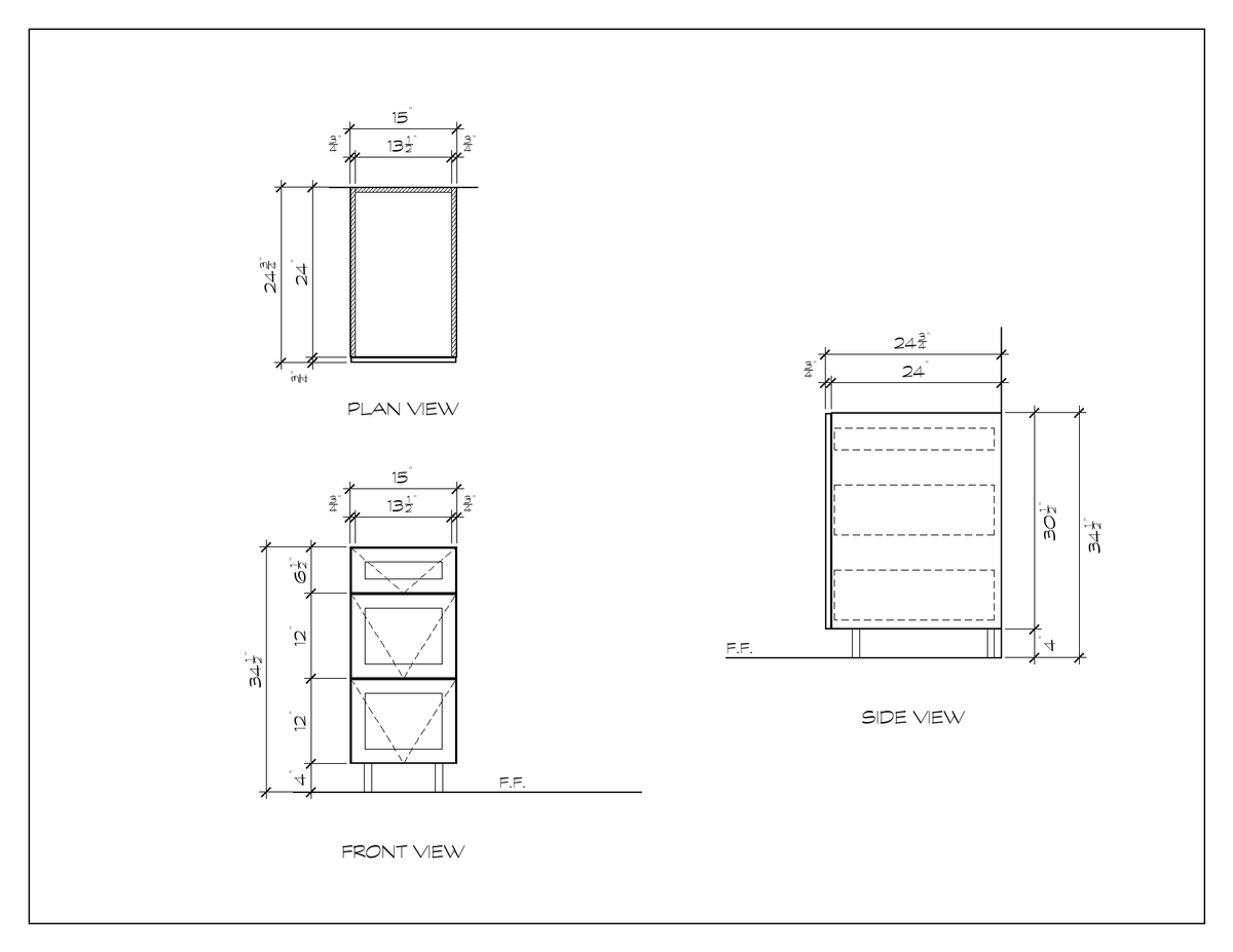 15" 3-Drawer Base Cabinet, sharp shaker, dimension drawing