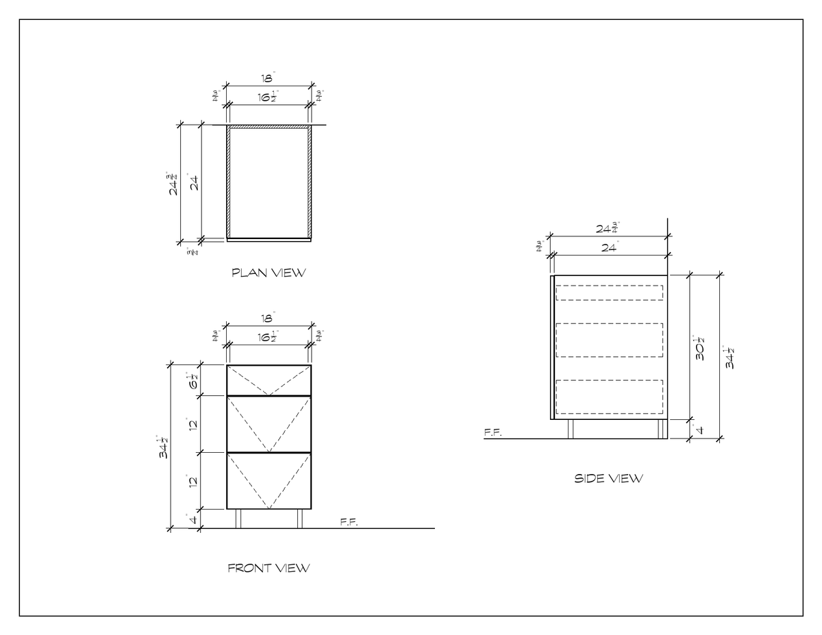 18" 3-Drawer Base Cabinet, flat slab, dimension drawing