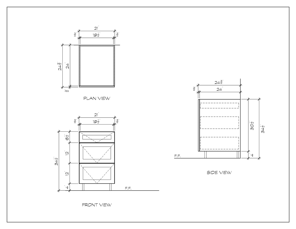 21" 3-Drawer Base Cabinet, shaker, dimension drawing