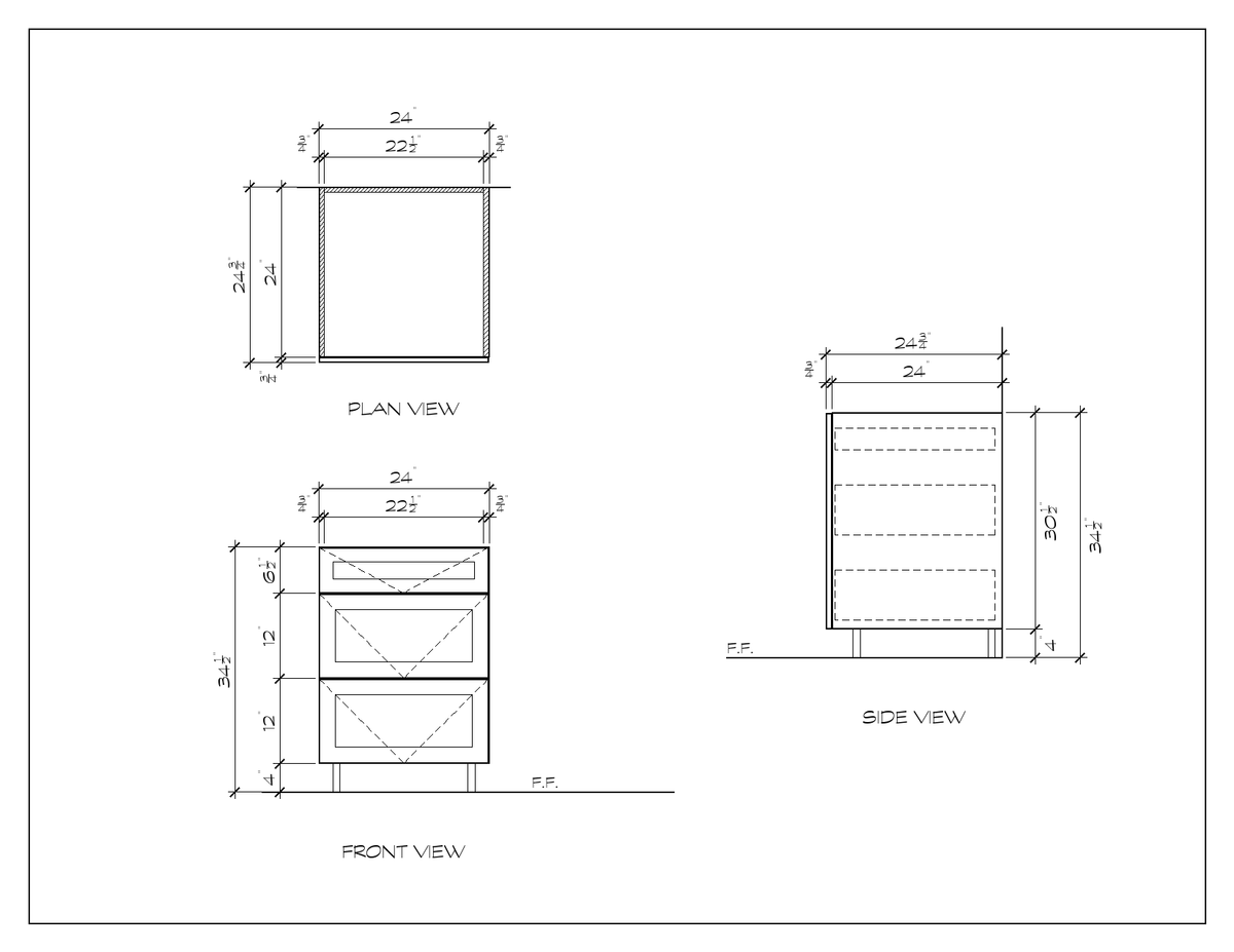 24" 3-Drawer Base Cabinet, double shaker, dimension drawing