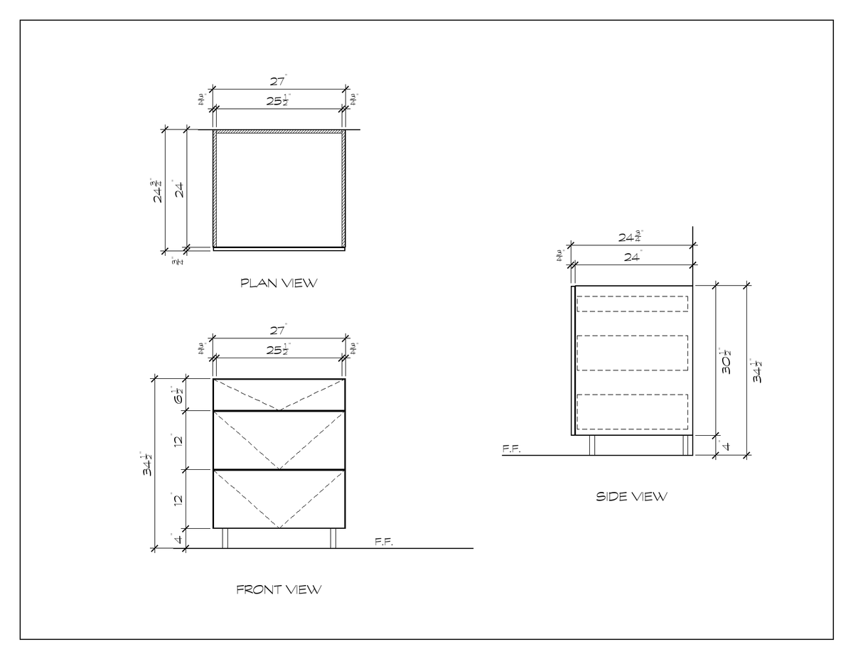27" 3-Drawer Base Cabinet, flat slab, dimension drawing
