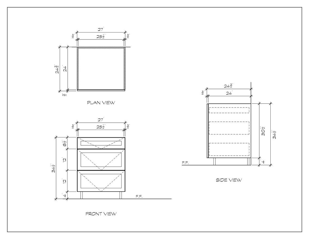 27" 3-Drawer Base Cabinet, sharp shaker, dimension drawing