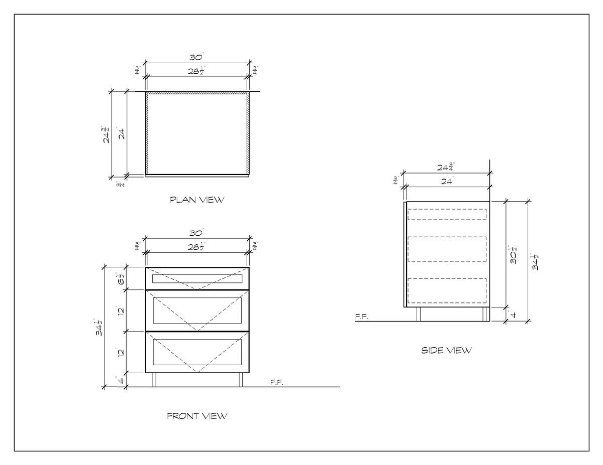30" 3-Drawer Base Cabinet, double shaker, dimension drawing