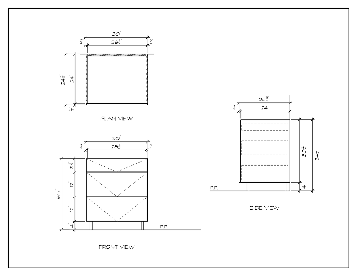 30" 3-Drawer Base Cabinet, flat slab, dimension drawing