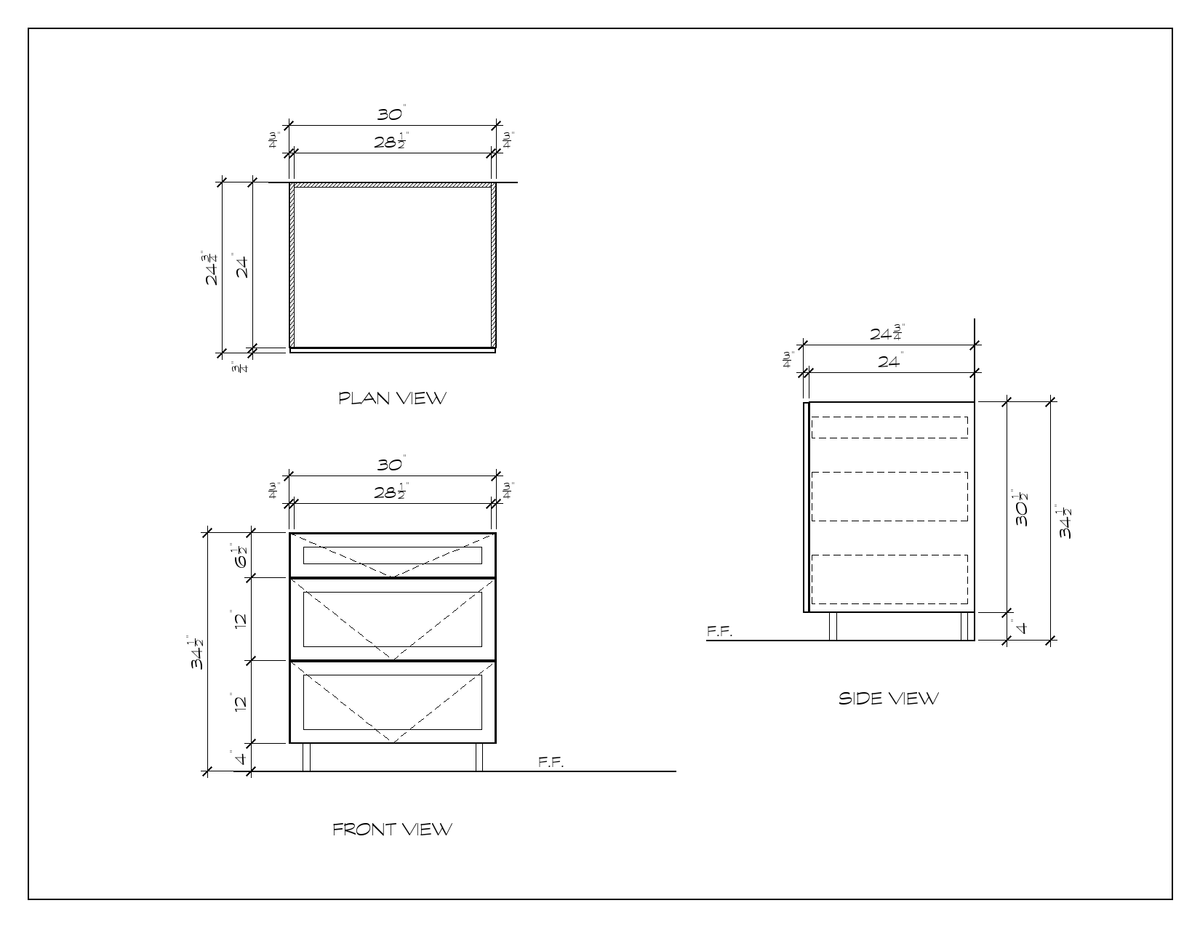 30" 3-Drawer Base Cabinet, sharp shaker, dimension drawing