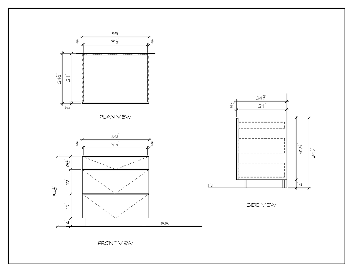 33" 3-Drawer Base Cabinet, flat slab, dimension drawing