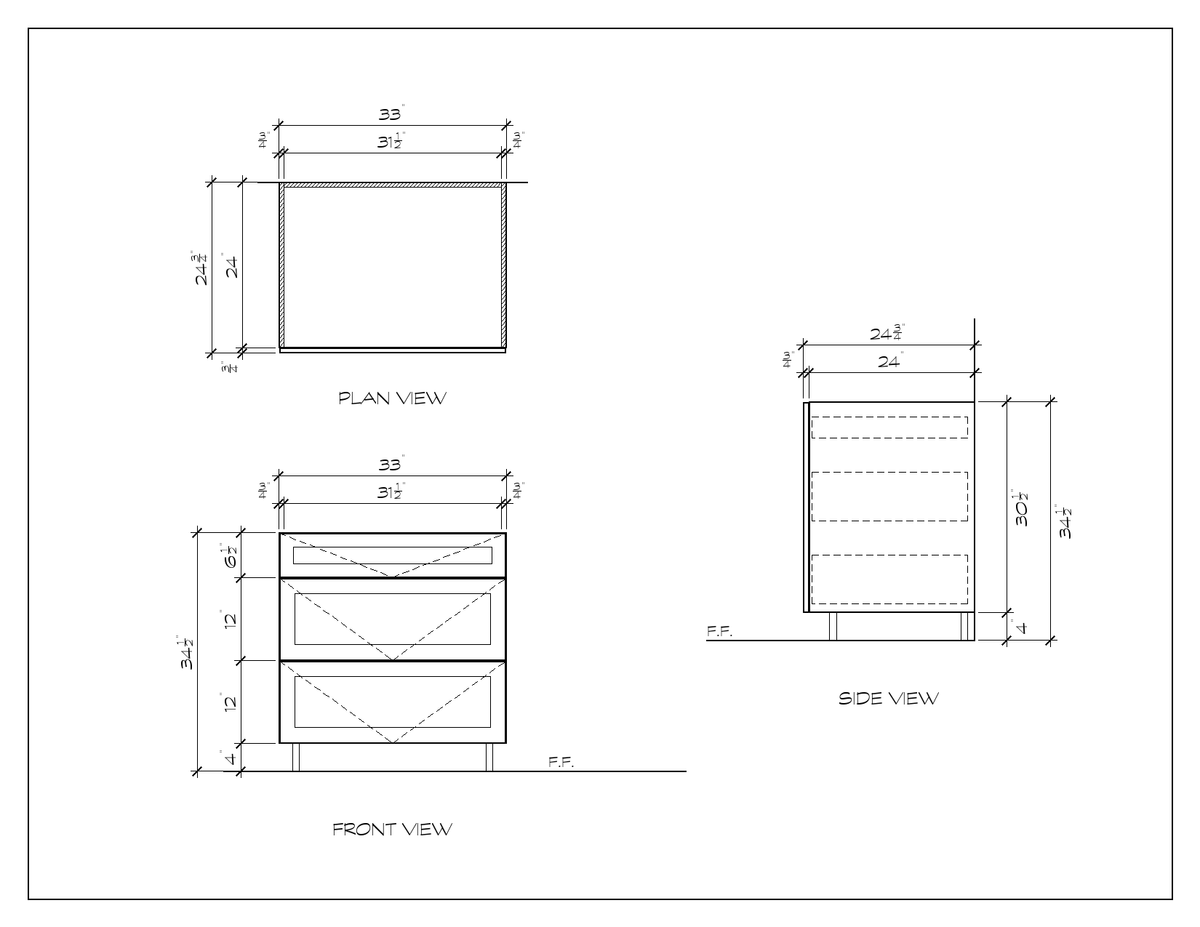 33" 3-Drawer Base Cabinet, shaker, dimension drawing
