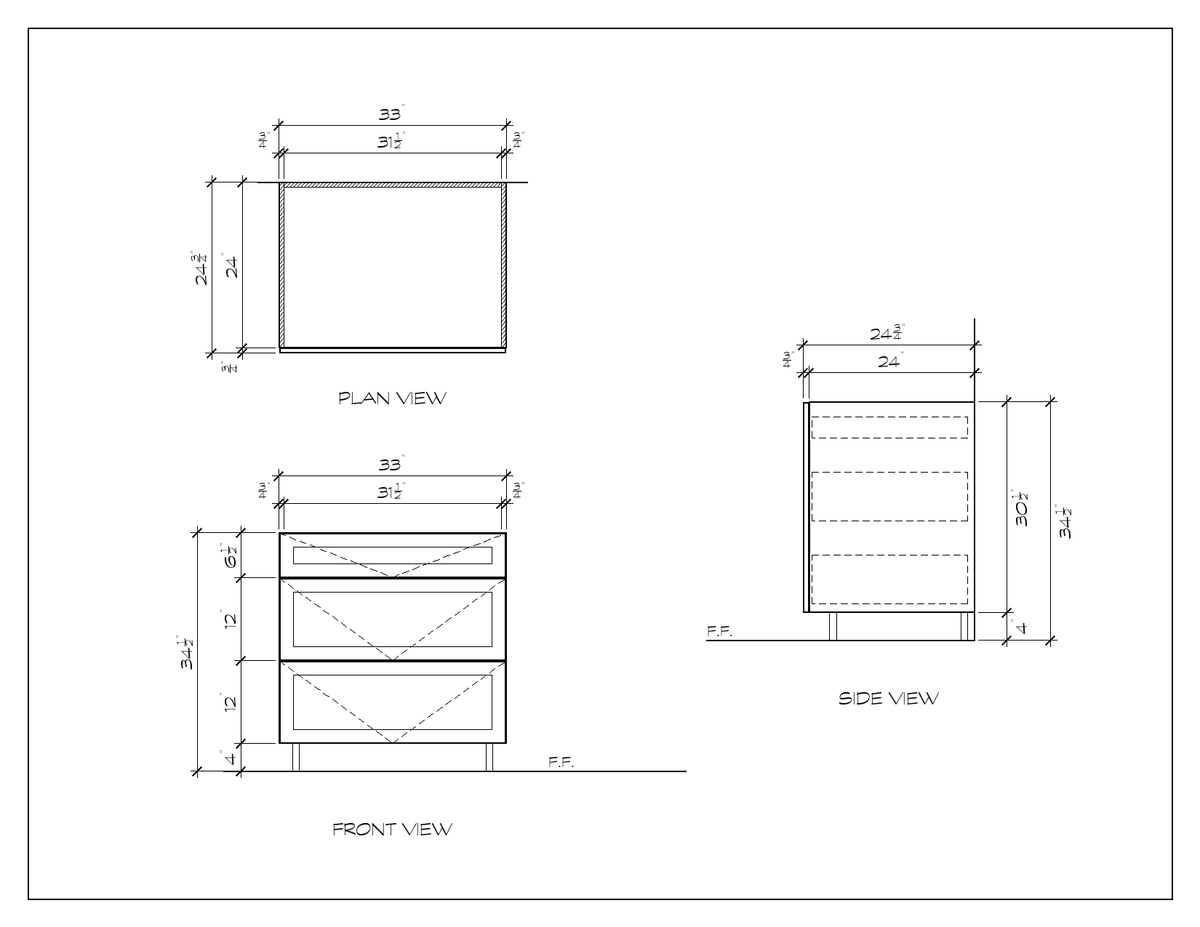 33" 3-Drawer Base Cabinet, sharp shaker, dimension drawing