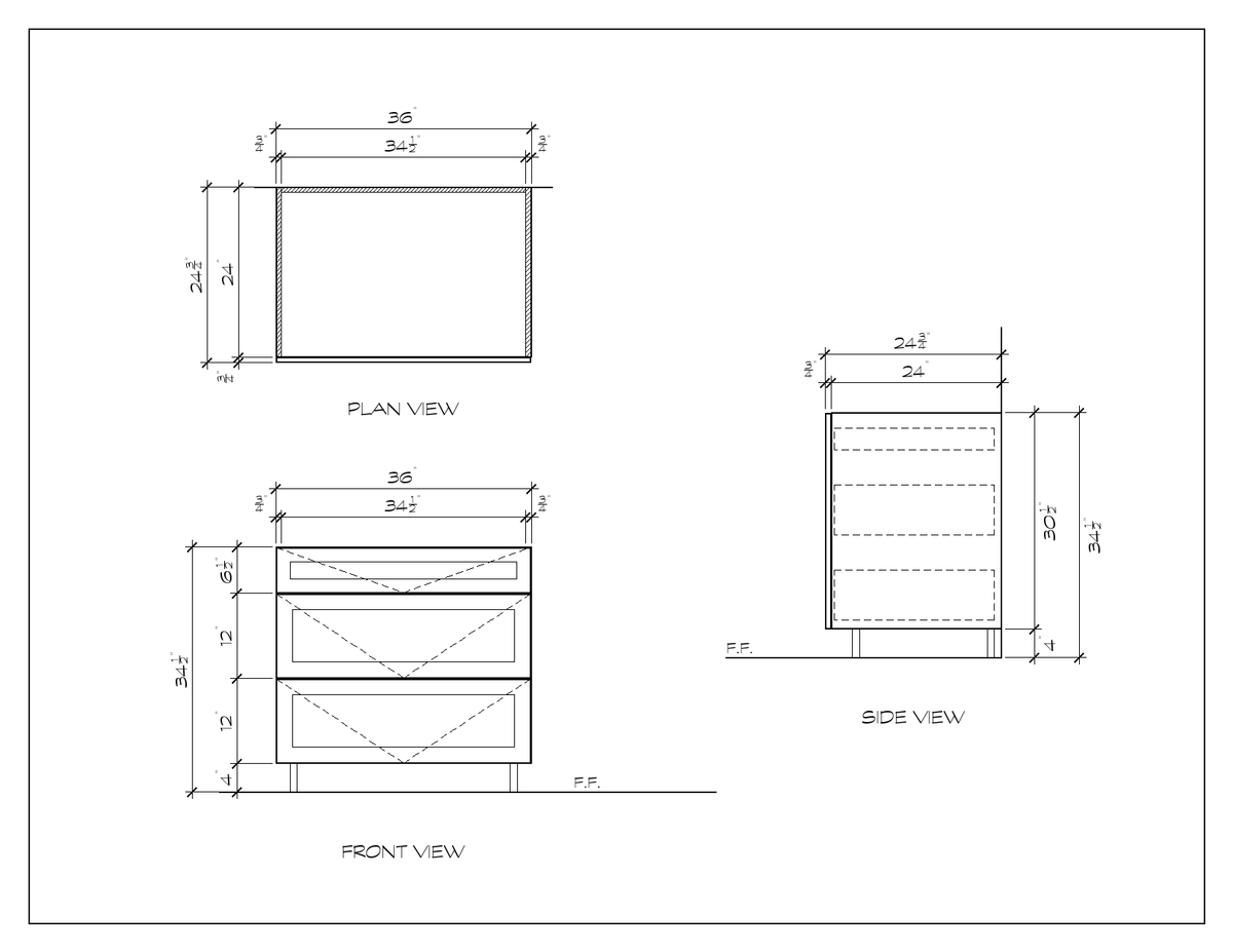 36" 3-Drawer Base Cabinet, shaker, dimension drawing