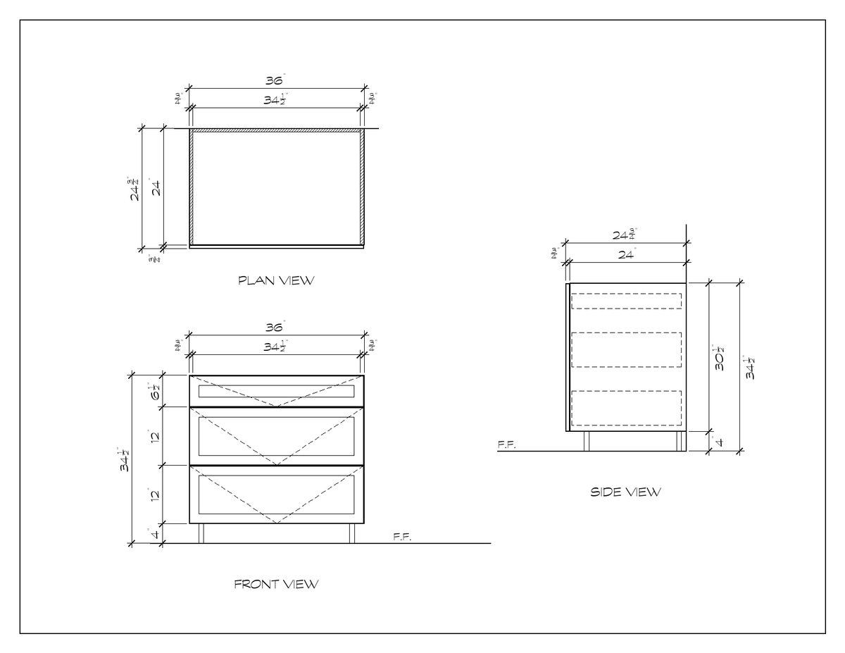 36" 3-Drawer Base Cabinet, sharp shaker, dimension drawing