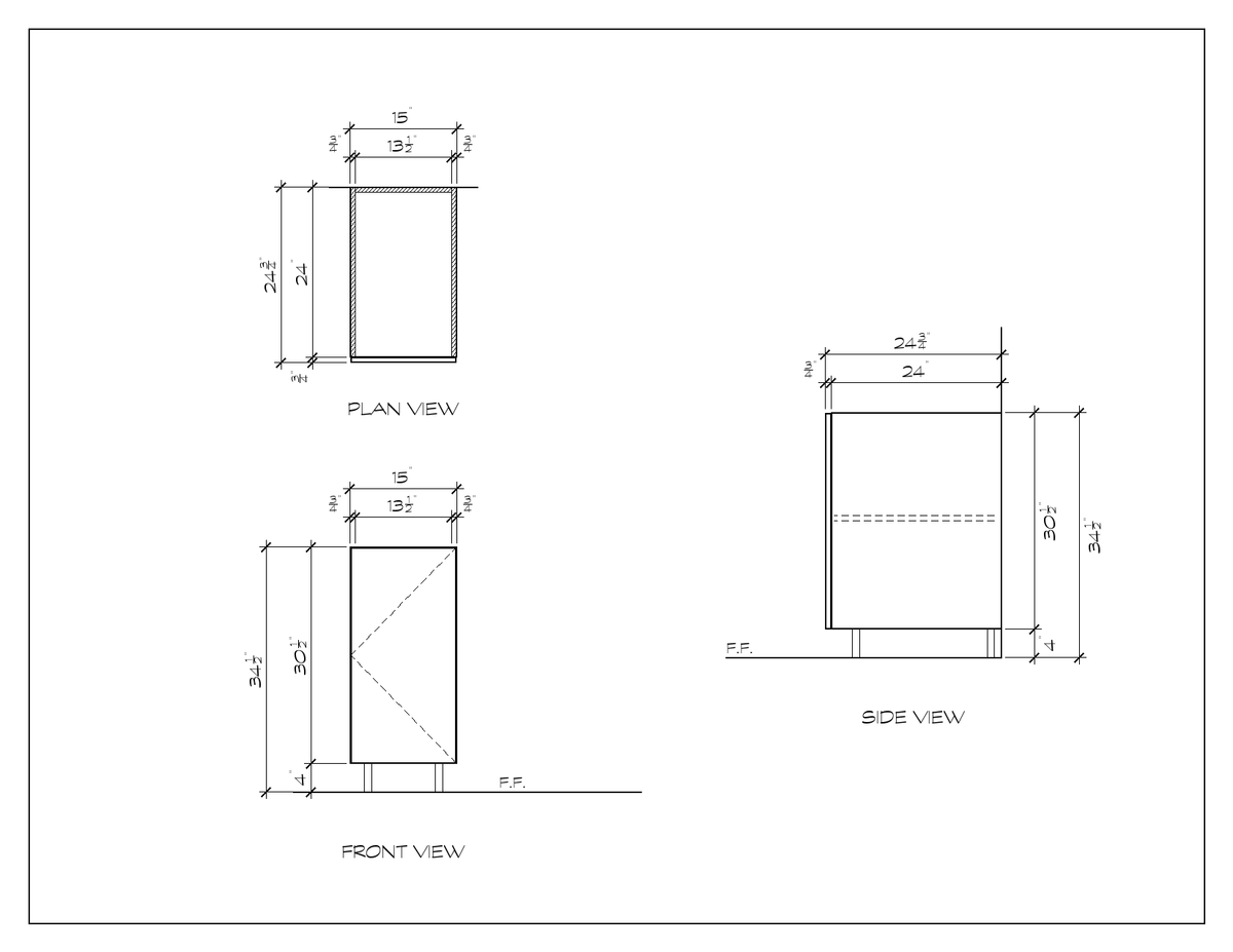 15" Door Base Cabinet, flat slab, dimension drawing