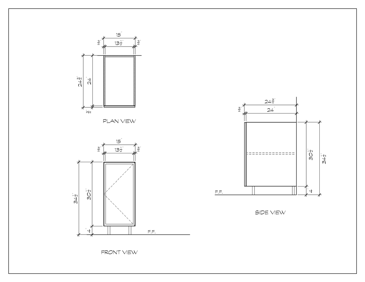 15" Door Base Cabinet, slim shaker, dimension drawing
