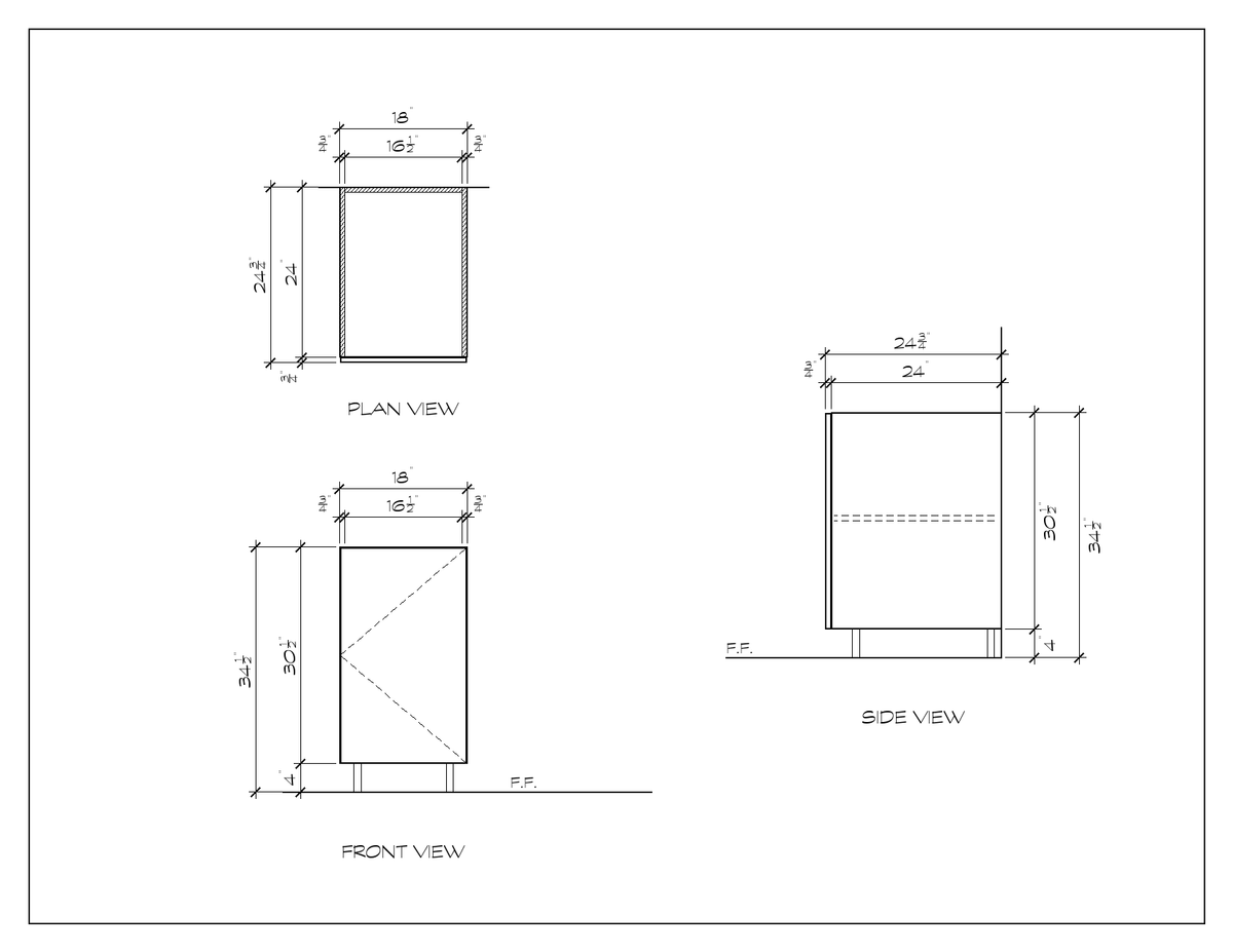 18" Door Base Cabinet, flat slab, dimension drawing