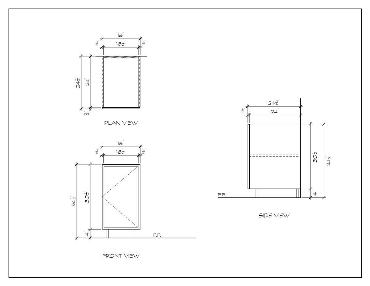 18" Door Base Cabinet, slim shaker, dimension drawing