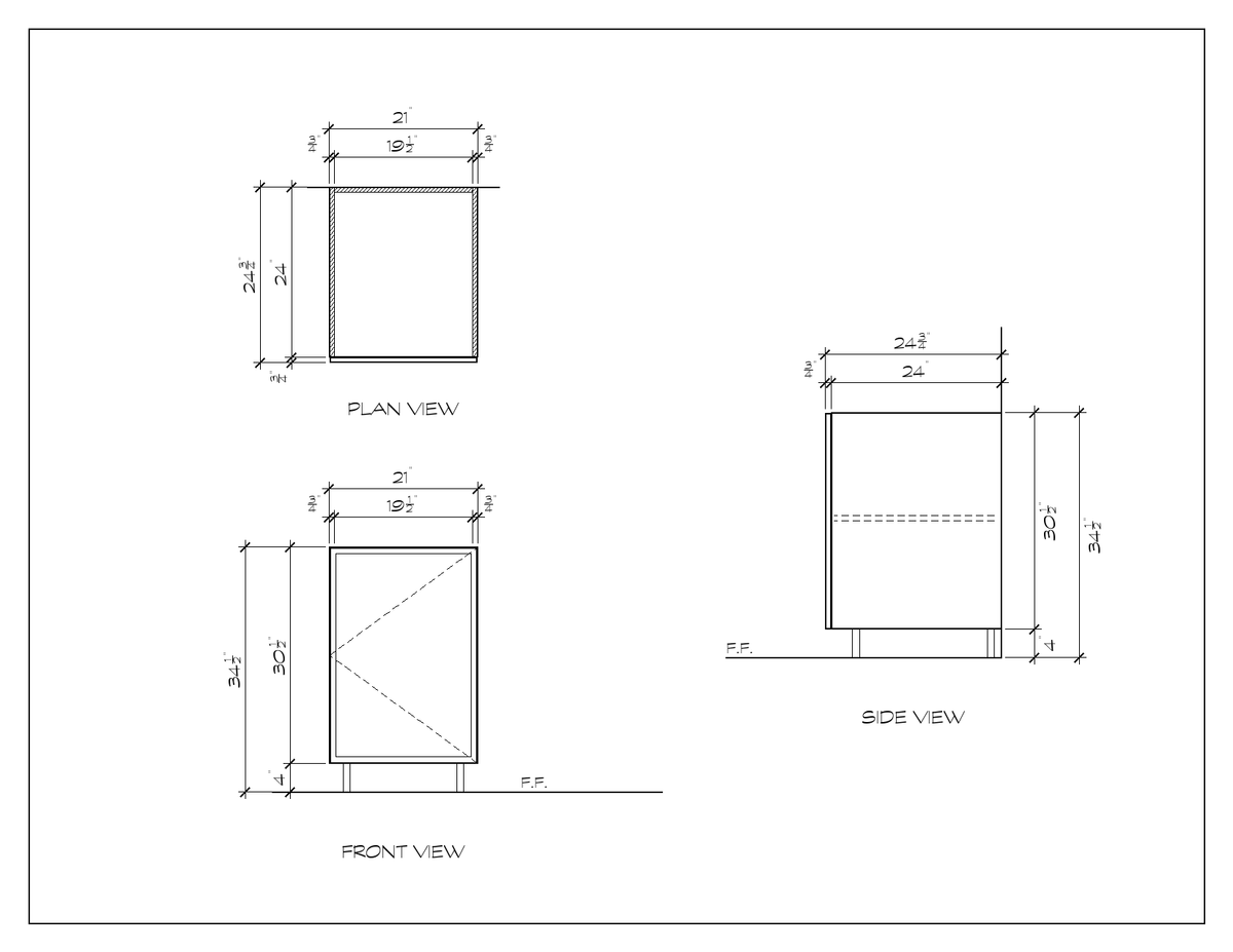 21" Door Base Cabinet, slim shaker, dimension drawing