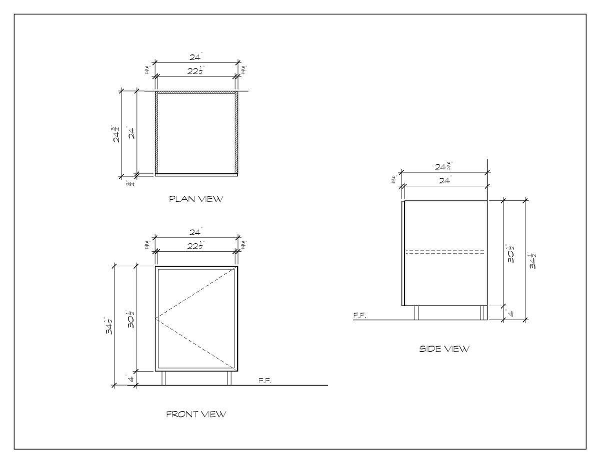 24" Door Base Cabinet, slim shaker, dimension drawing