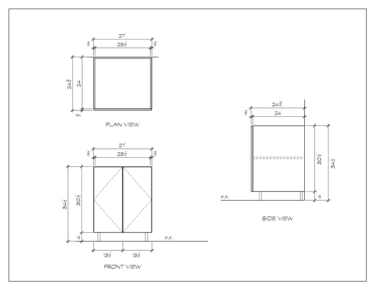27" Door Base Cabinet, flat slab, dimension drawing