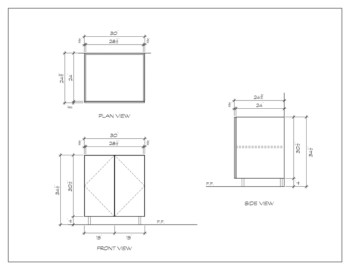 30" Door Base Cabinet, flat slab, dimension drawing