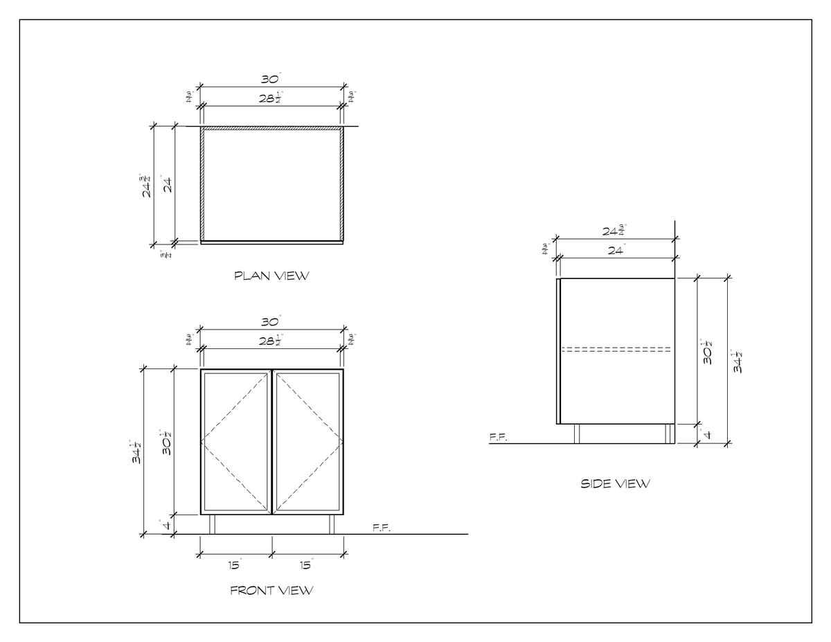 30" Door Base Cabinet, slim shaker, dimension drawing