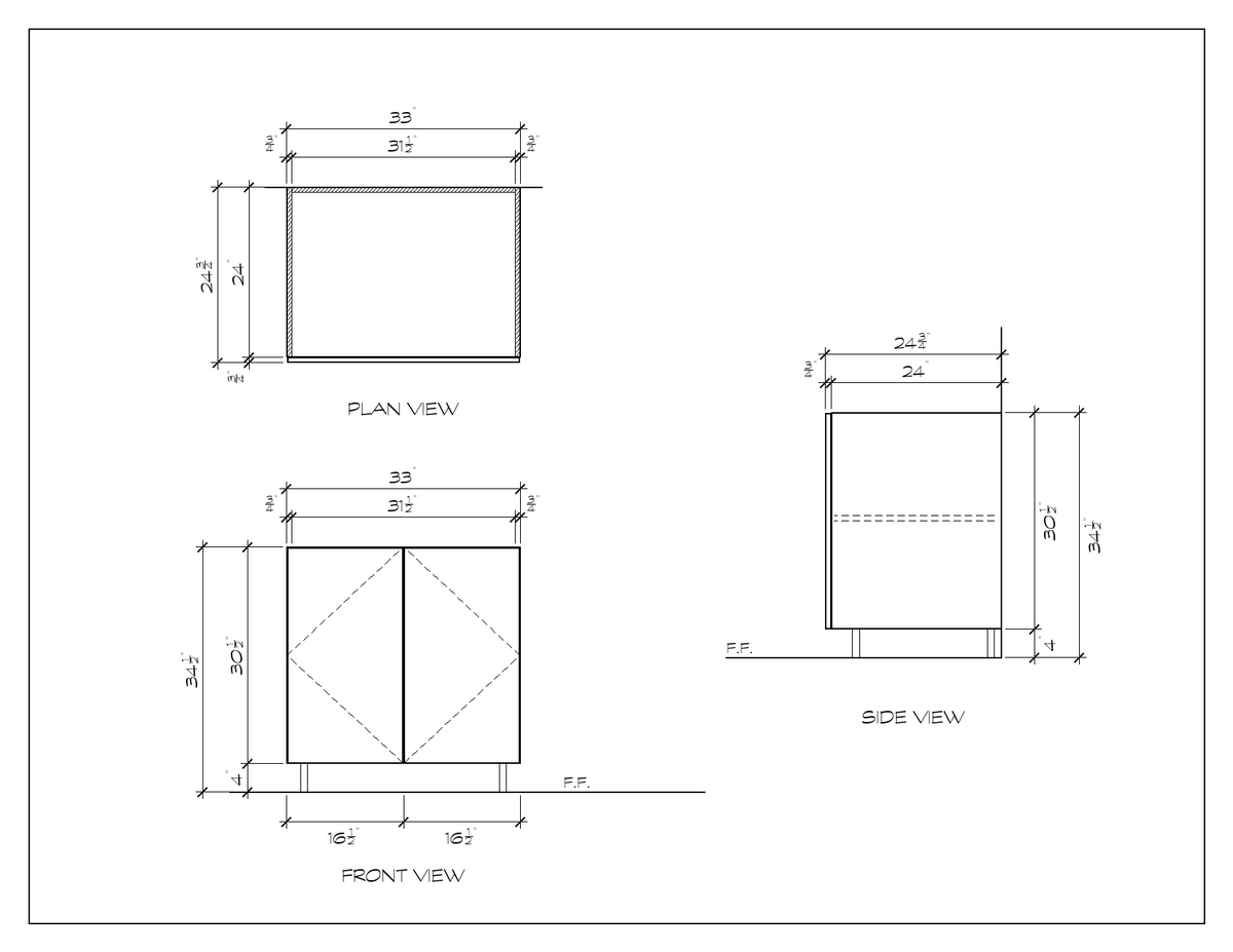 33" Door Base Cabinet, flat slab, dimension drawing