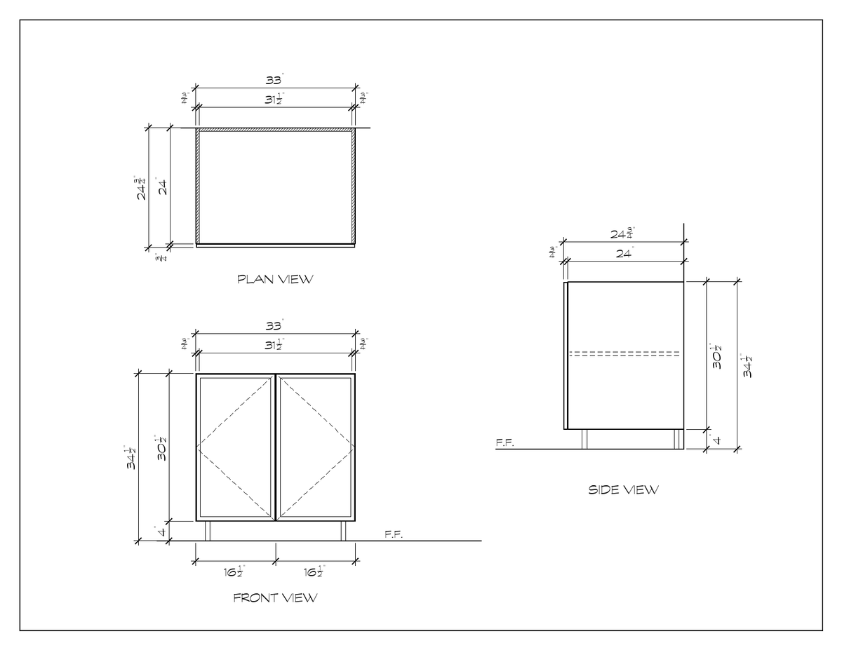 33" Door Base Cabinet, slim shaker, dimension drawing