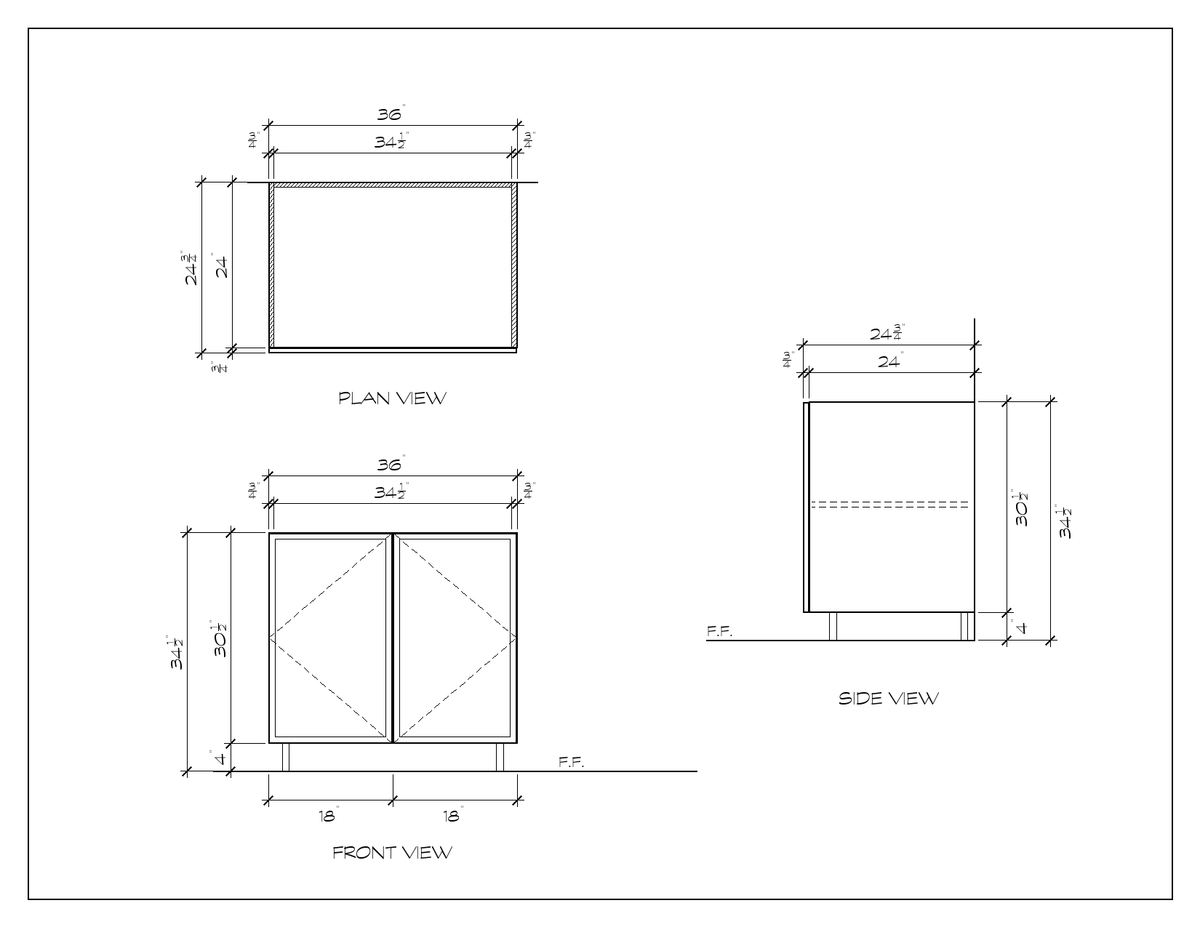 36" Door Base Cabinet, slim shaker, dimension drawing