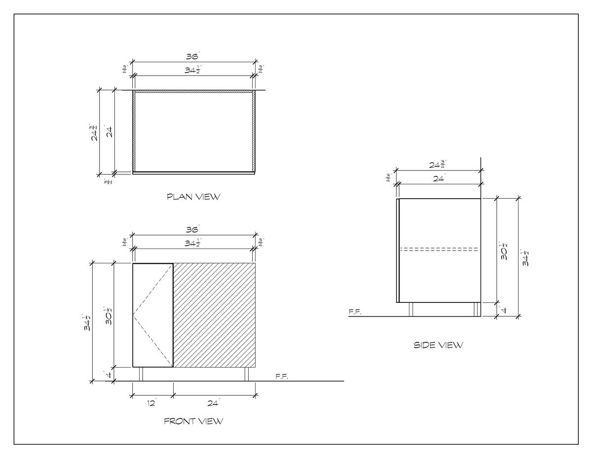36" Blind Corner Base Cabinet, flat slab, dimension drawing