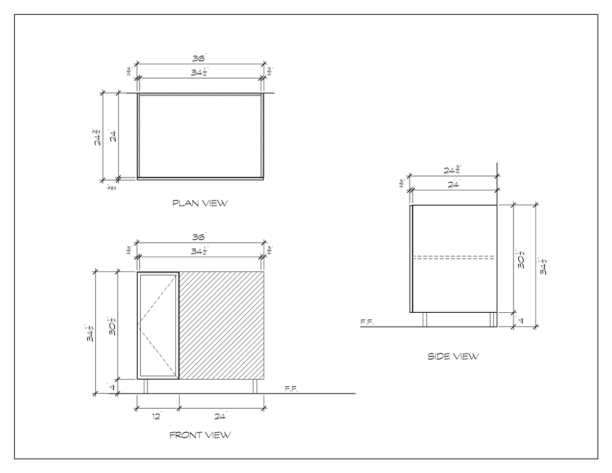 36" Blind Corner Base Cabinet, slim shaker, dimension drawing