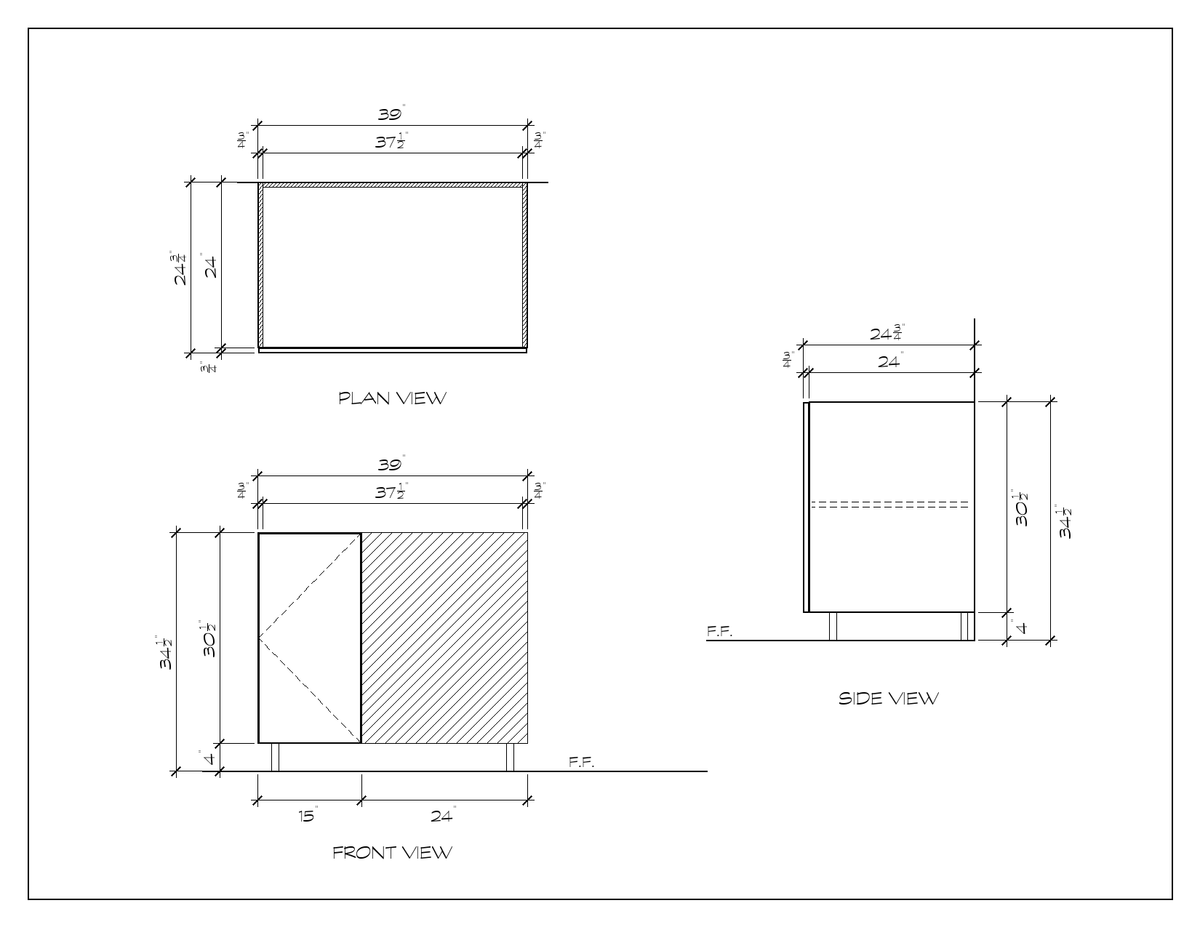 39" Blind Corner Base Cabinet, flat slab, dimension drawing