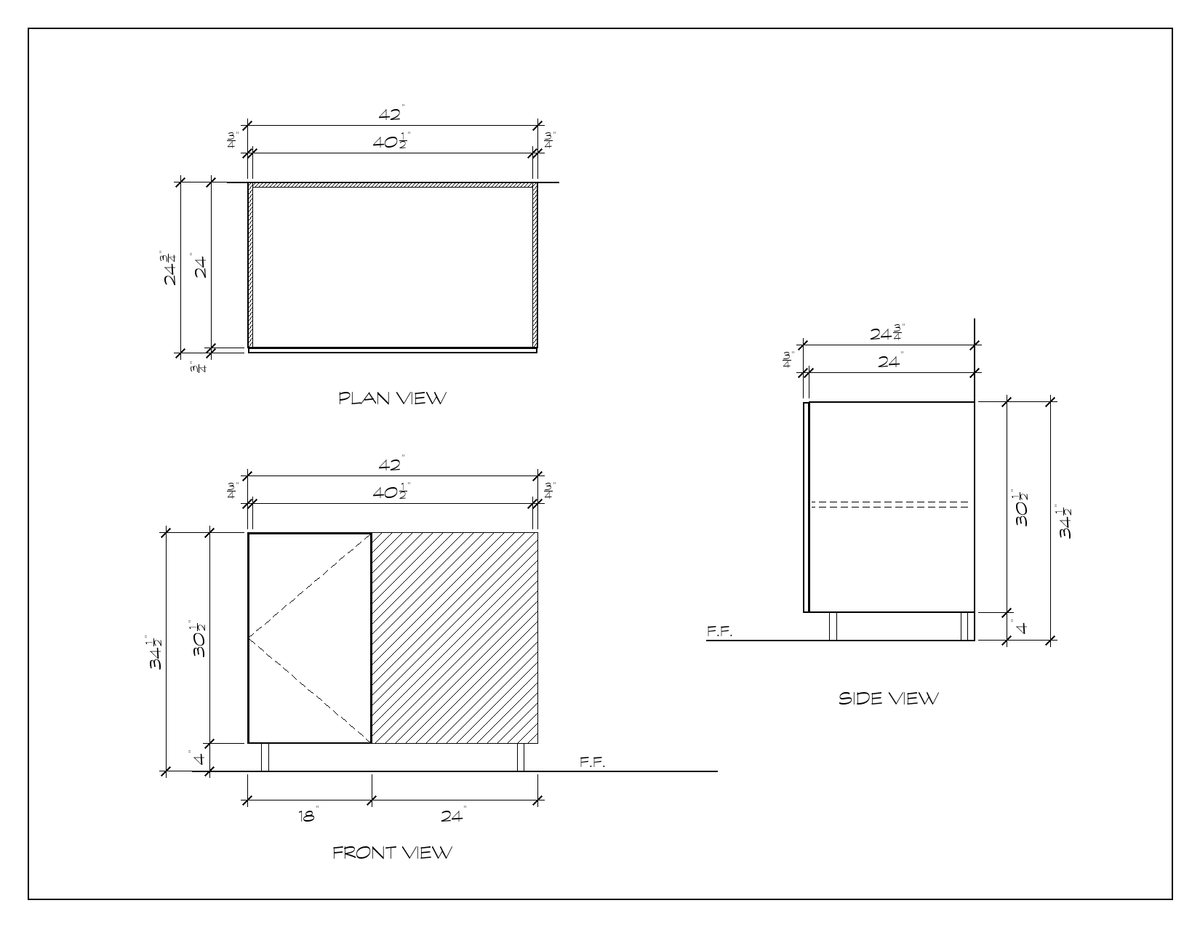 42" Blind Corner Base Cabinet, flat slab, dimension drawing