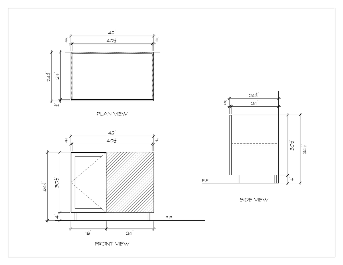 42" Blind Corner Base Cabinet, sharp shaker, dimension drawing