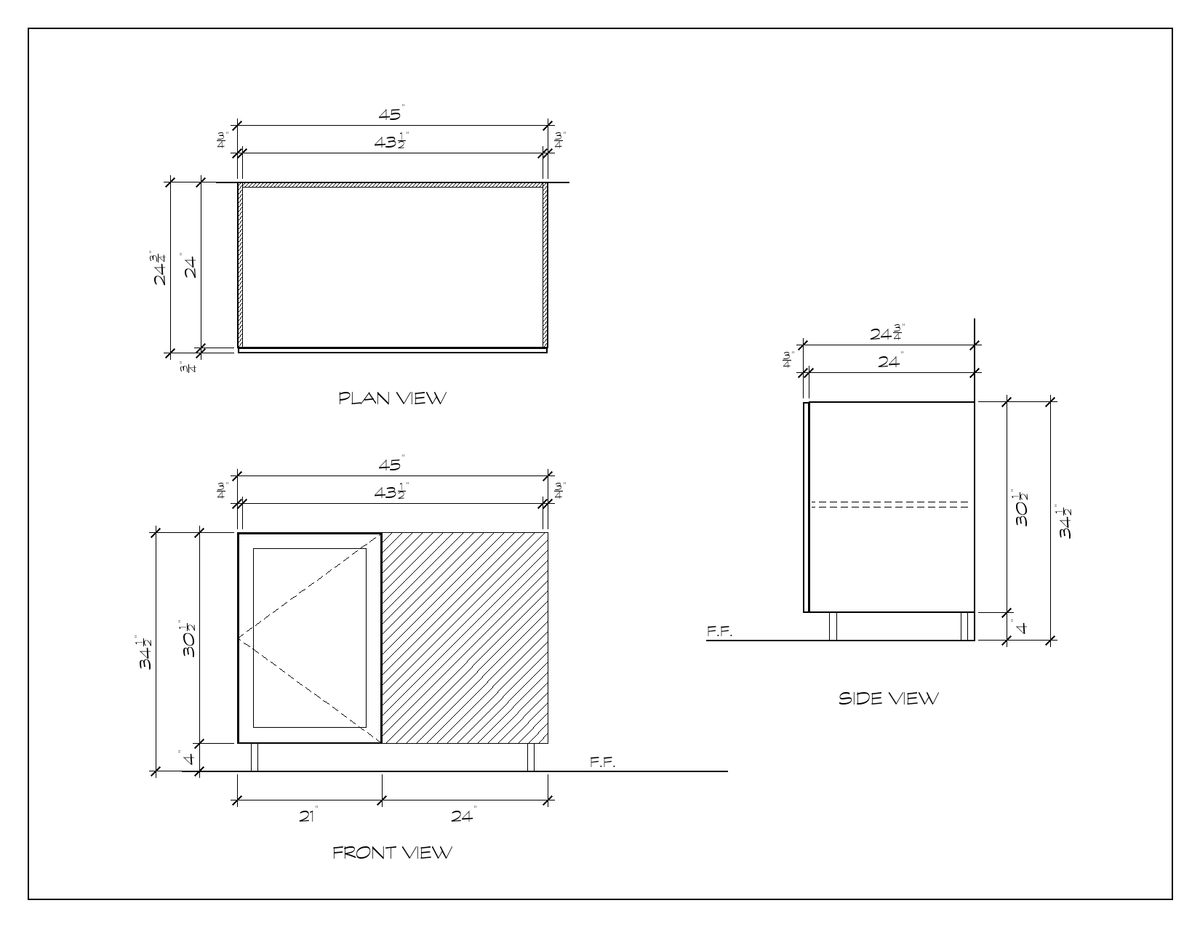 45" Blind Corner Base Cabinet, double shaker, dimension drawing
