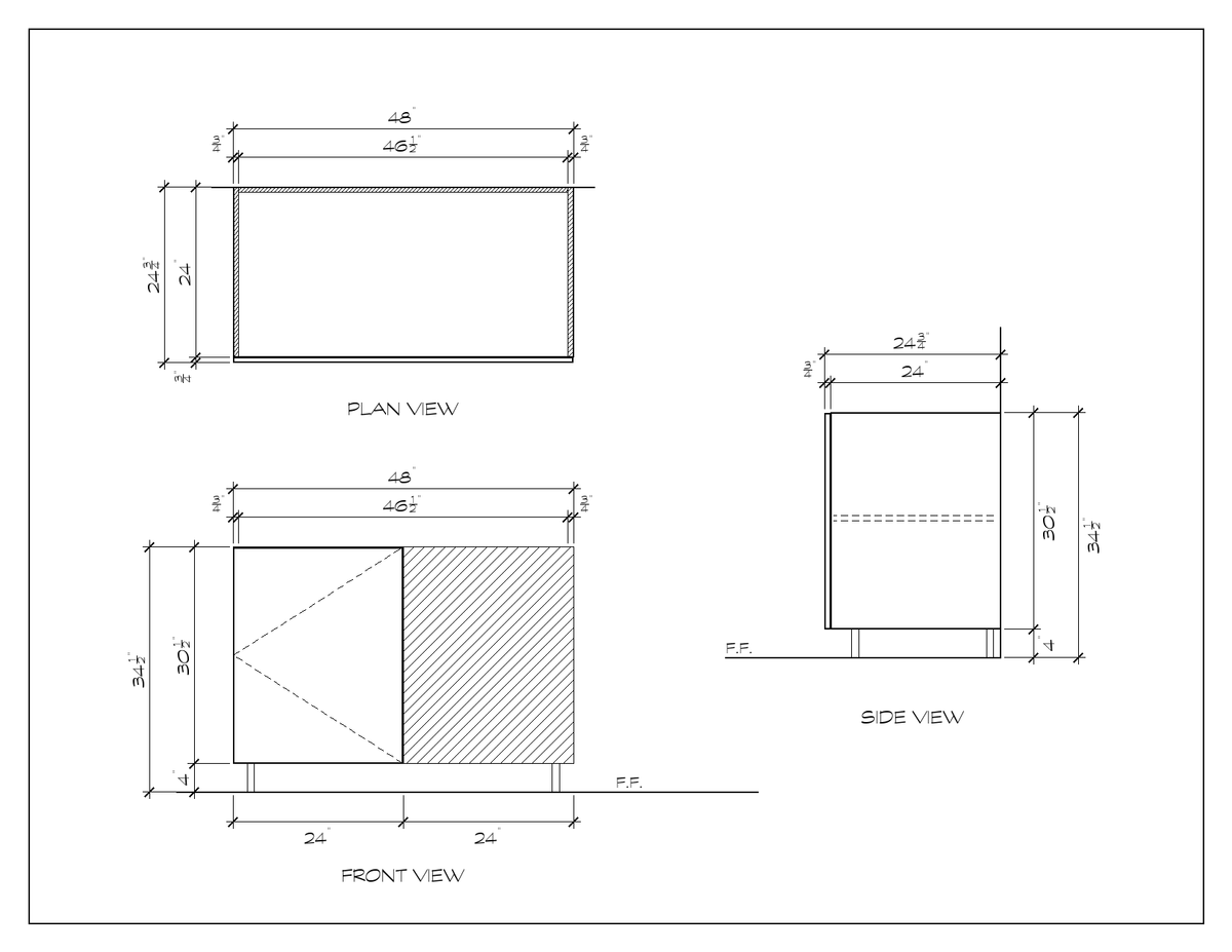 48" Blind Corner Base Cabinet, flat slab, dimension drawing