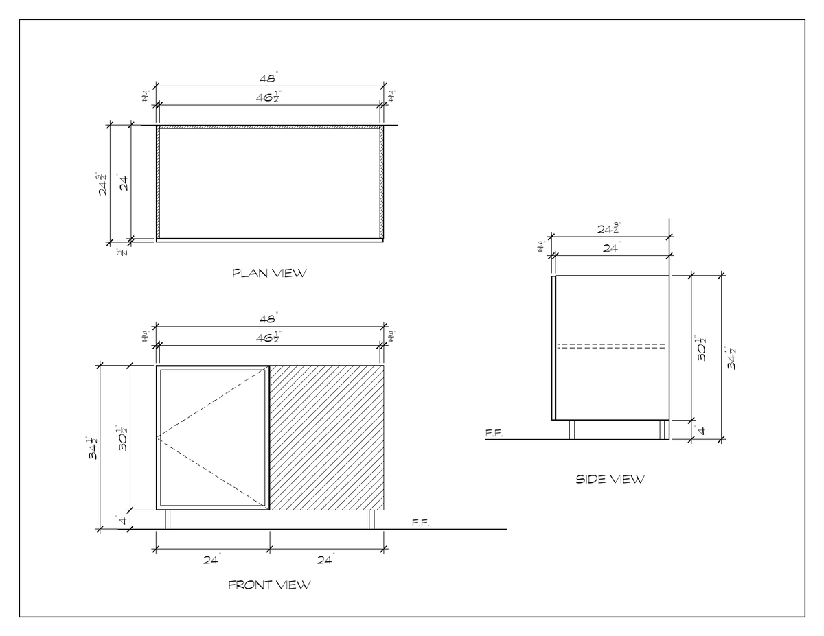 48" Blind Corner Base Cabinet, slim shaker, dimension drawing