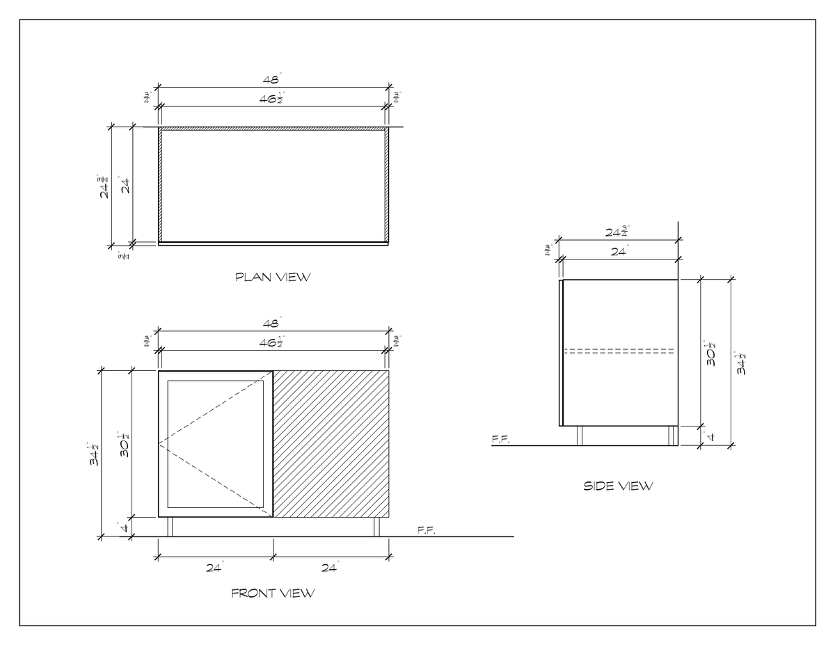 48" Blind Corner Base Cabinet, sharp shaker, dimension drawing