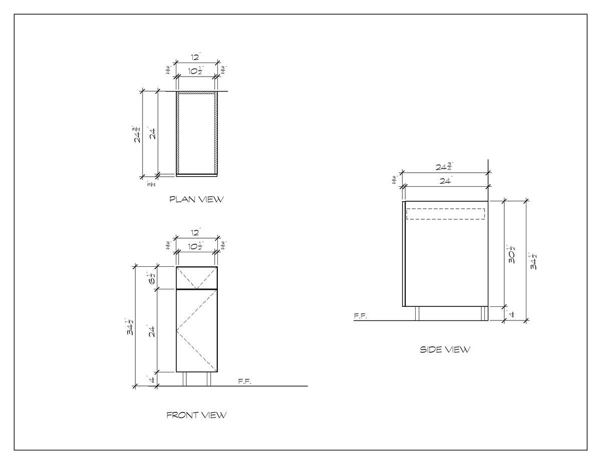 12" Drawer-over-Door Base Cabinet, flat slab, dimension drawing