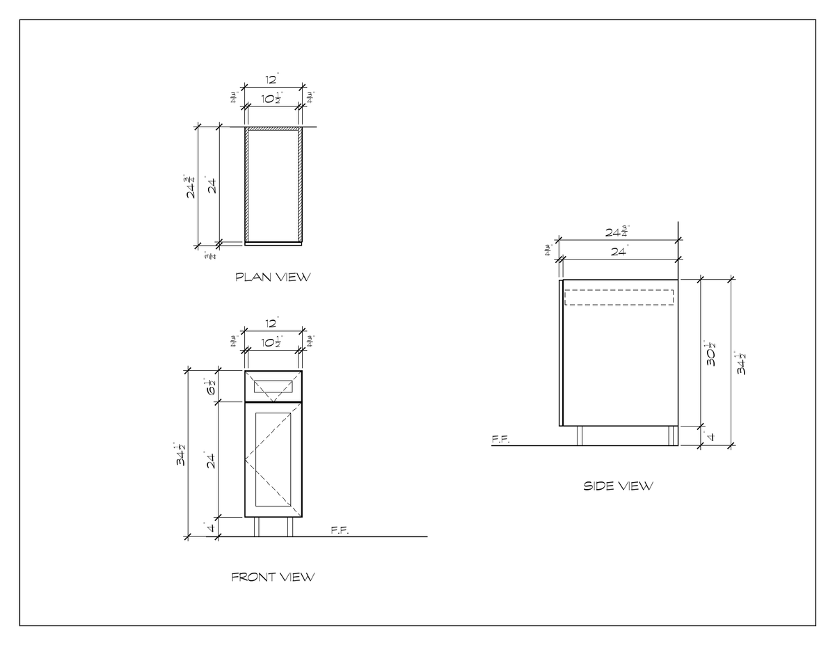 12" Drawer-over-Door Base Cabinet, shaker, dimension drawing