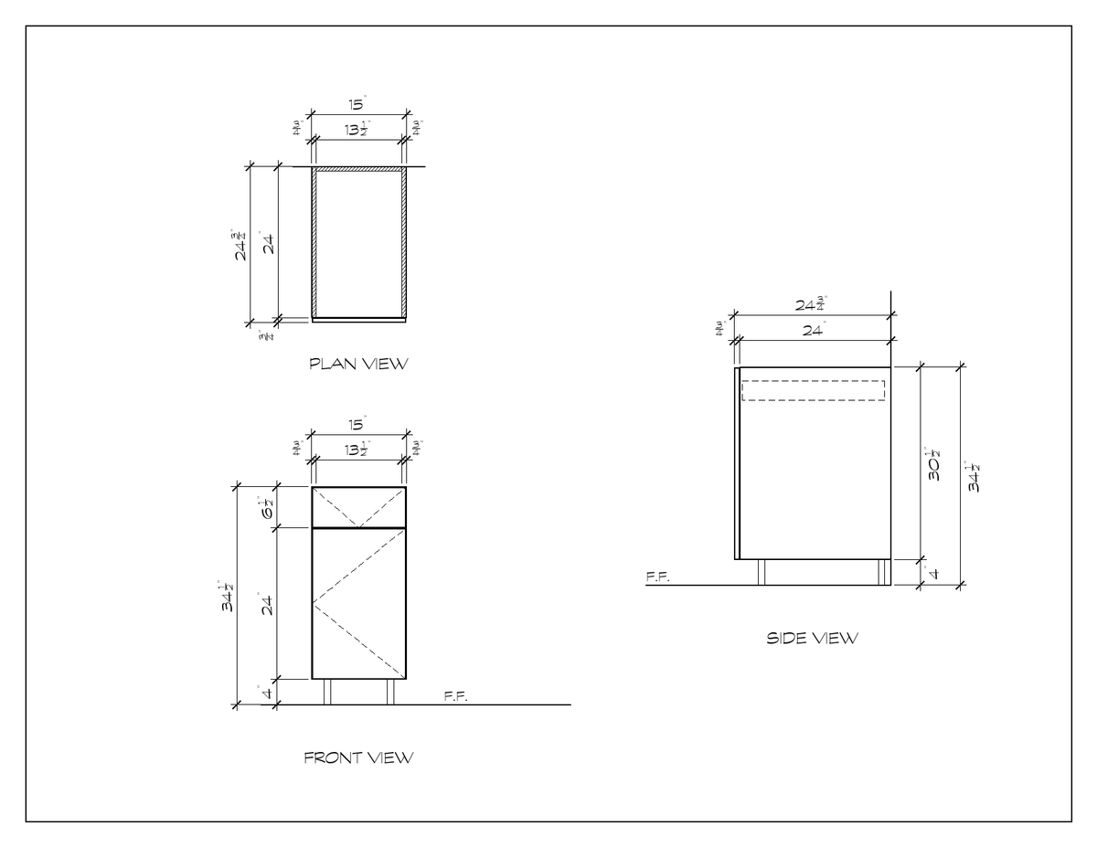 15" Drawer-over-Door Base Cabinet, flat slab, dimension drawing