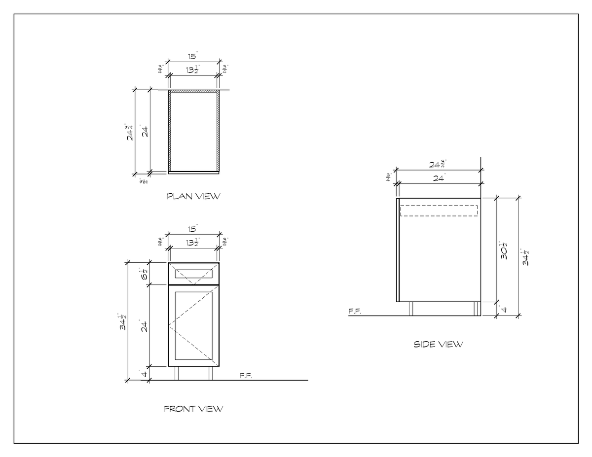 15" Drawer-over-Door Base Cabinet, sharp shaker, dimension drawing