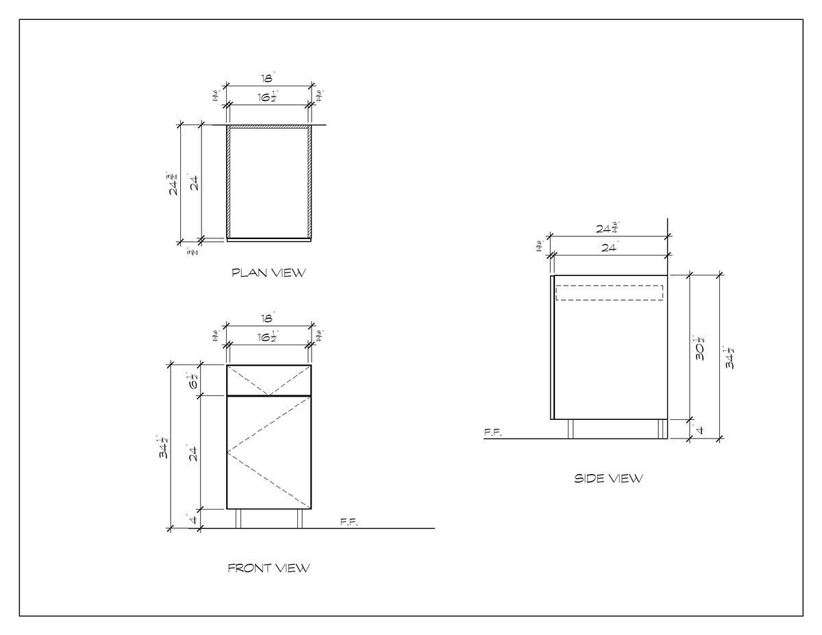 18" Drawer-over-Door Base Cabinet, flat slab, dimension drawing