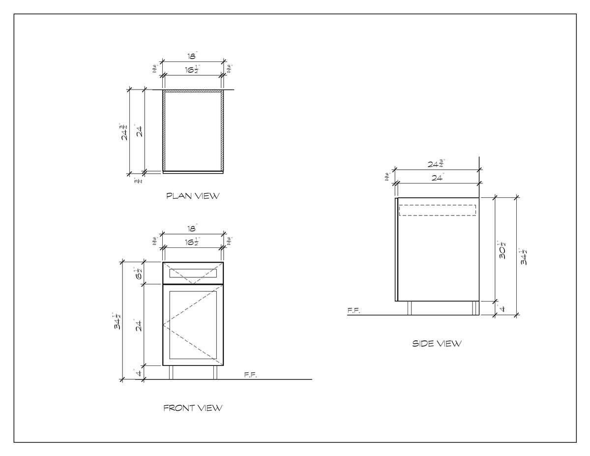 18" Drawer-over-Door Base Cabinet, sharp shaker, dimension drawing