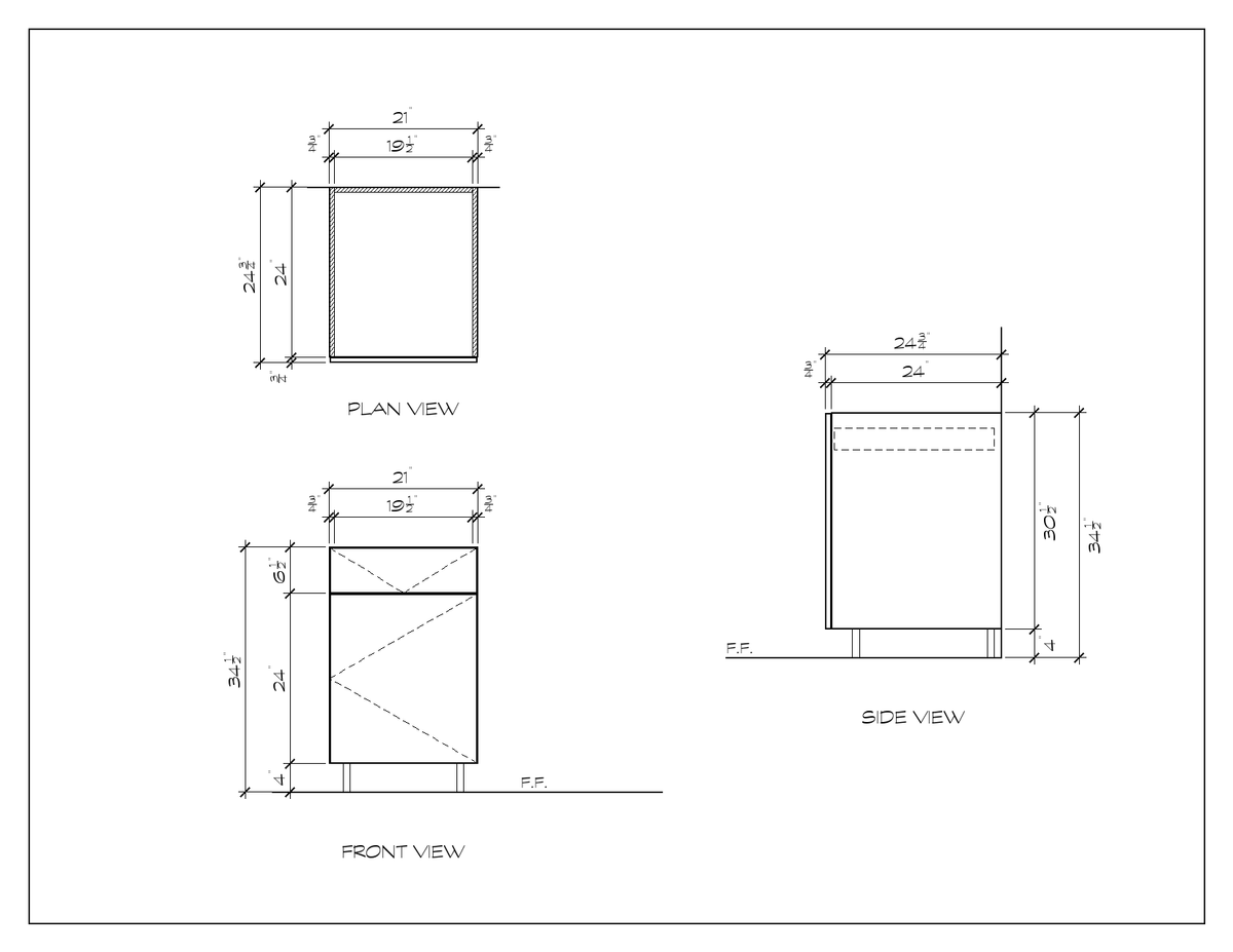 21" Drawer-over-Door Base Cabinet, flat slab, dimension drawing