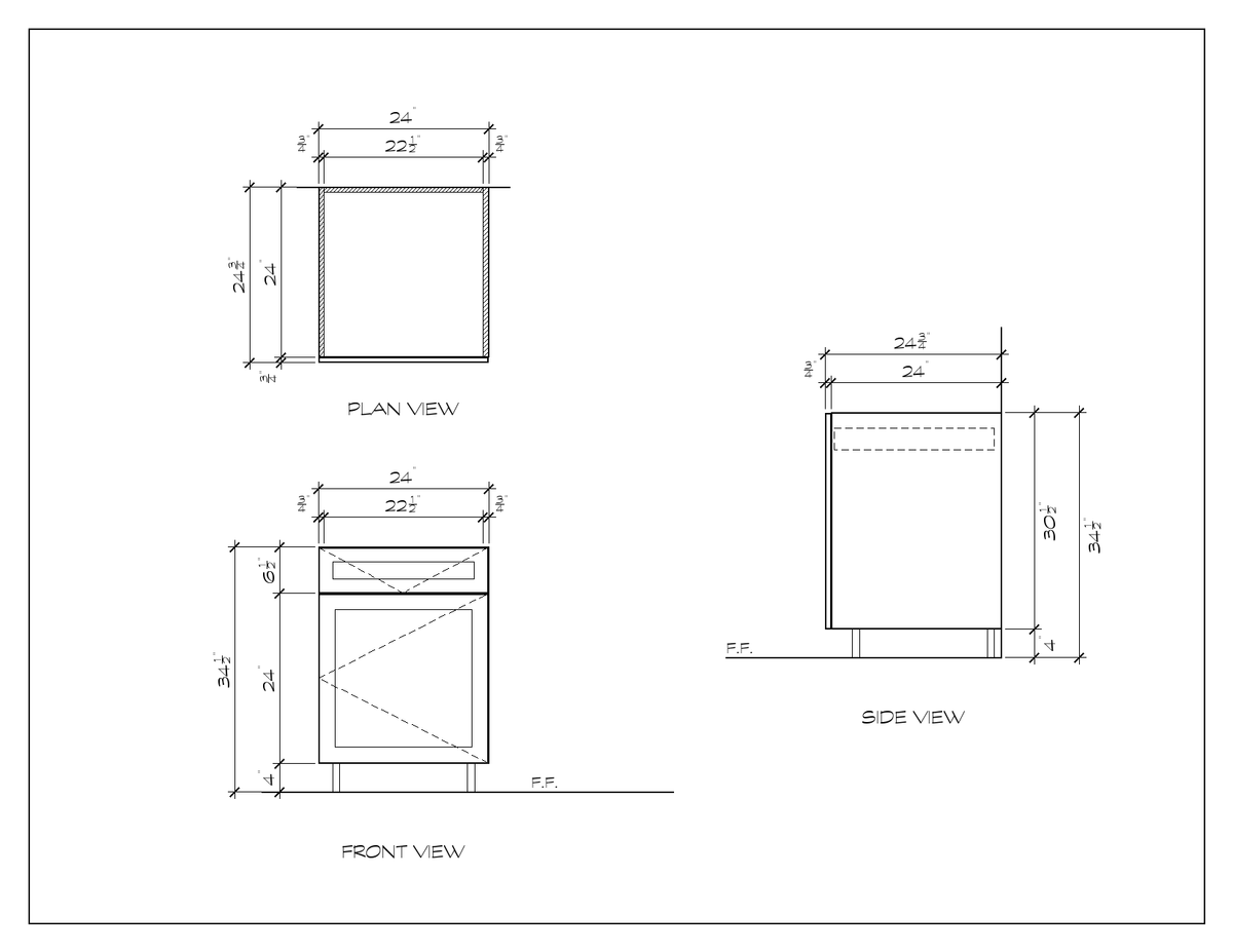 24" Drawer-over-Door Base Cabinet, shaker, dimension drawing